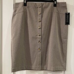 NWT NYCC‎ Womens Skirt Slit Buttons XL Brown Cream Tweed Pencil Pull on Stretch